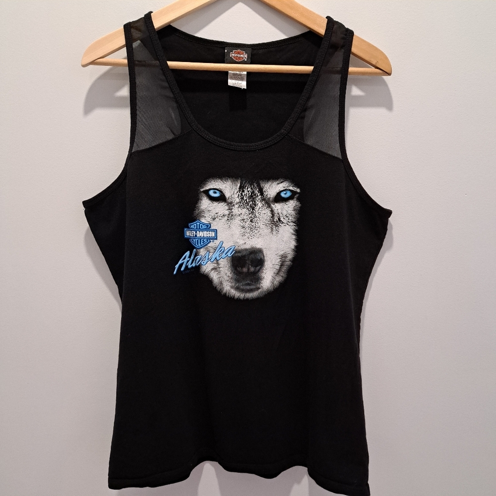 Harley Davidson Black Mesh Alaska Wolf Biker 90s Nostalgia Tank Top Womens 2XL